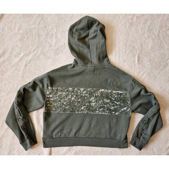 Victoria Secret Fleece Lined Cropped Pullover Sweatshirt Womens M Green Hooded - Picture 7 of 15
